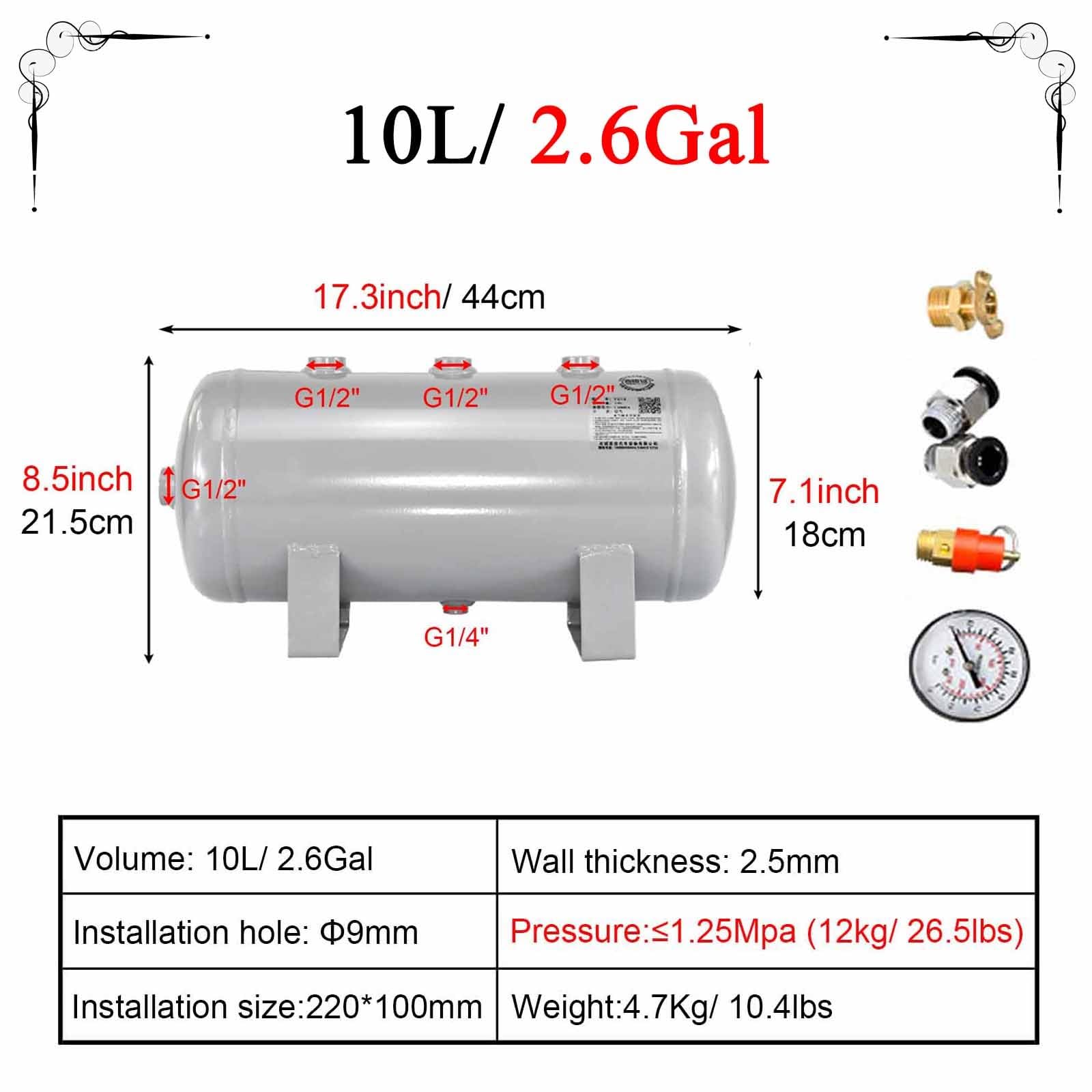 serbatoio aria 1 3 8 13 16 21 26 33 40 47 Gal Serbatoio orizzontale per compressori d'aria, Lunga durata Serbatoio per aria personalizzabile per il gas compresso, Grande serbatoio d'aria(10L/2.6Gal (S