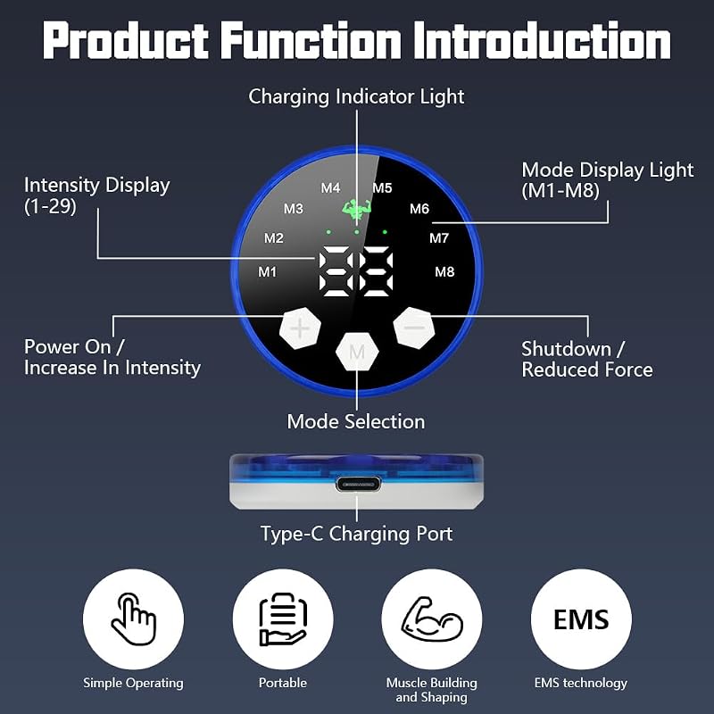 flintronic EMS Hasizom Toner 8 Mód 29 Intenzitás USB Töltős Elektrostimulációs Készülék - Blue (8 modes and 29 intensities), 25*16*2.44cm