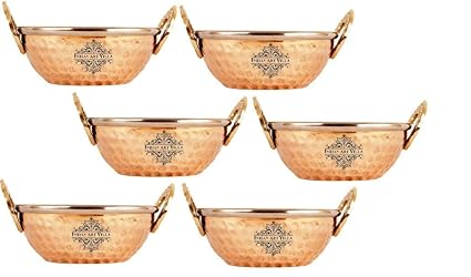 INDIAN ART VILLA IndianArtVilla Hammered Steel Copper Kadhai Kadhai Wok Bowl, Serving Dishes, Tableware, 350 ML, Set of 6