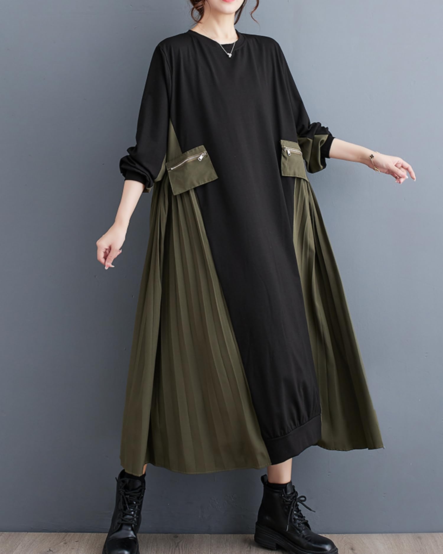 ellazhu Vestido Amplio de Patchwork Estilo Cargo Colorido Cuello Redondo Plisado Dobladillo GZ30 A