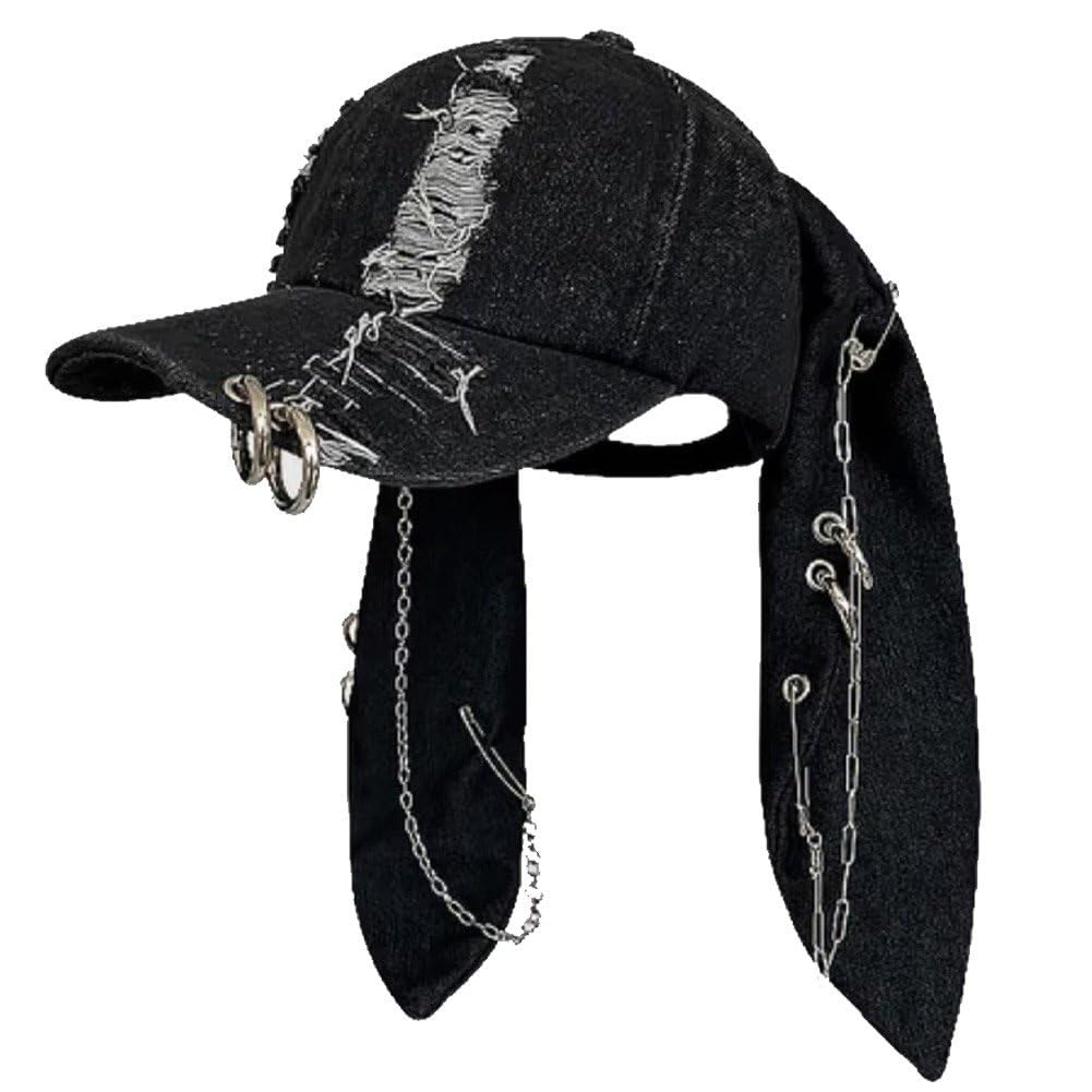 Casquette baseball jean délavé Y2k à oreilles et chaîne métal
