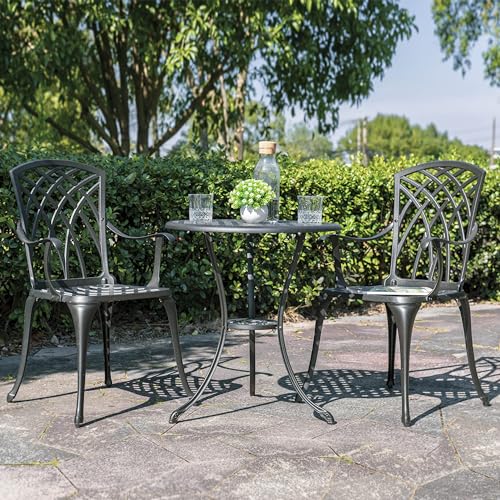 NUU GARDEN 3-Piece Patio Bistro Set, Cast Aluminum Table and 2 Chairs with Umbrella Hole, Outdoor Bistro Set for Patio or Backyard, Black - Thumbnail 2