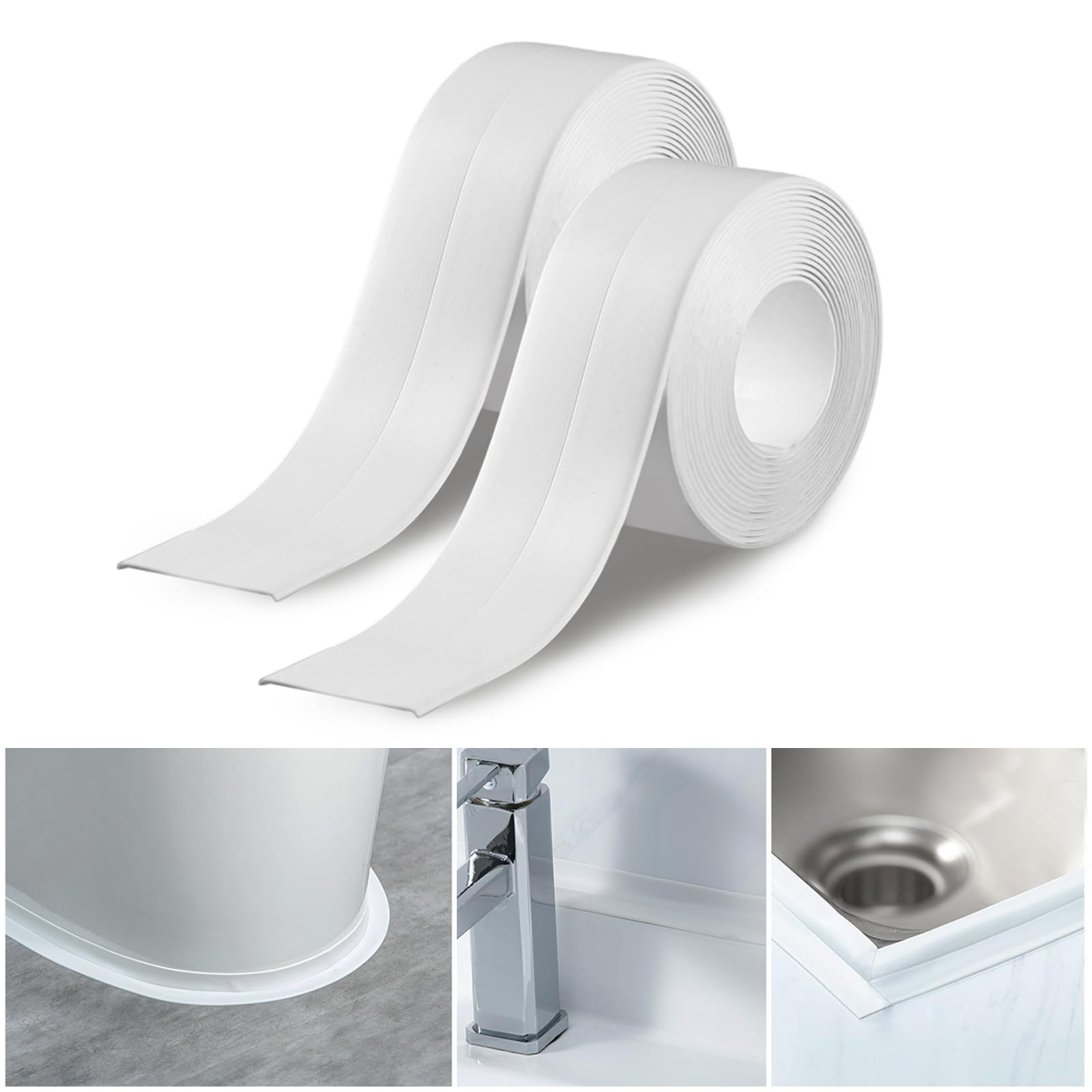 2PC White Caulk Tape for Bath and Kitchen, Peel and Stick Caulk Strips for Bathroom Waterproof ...