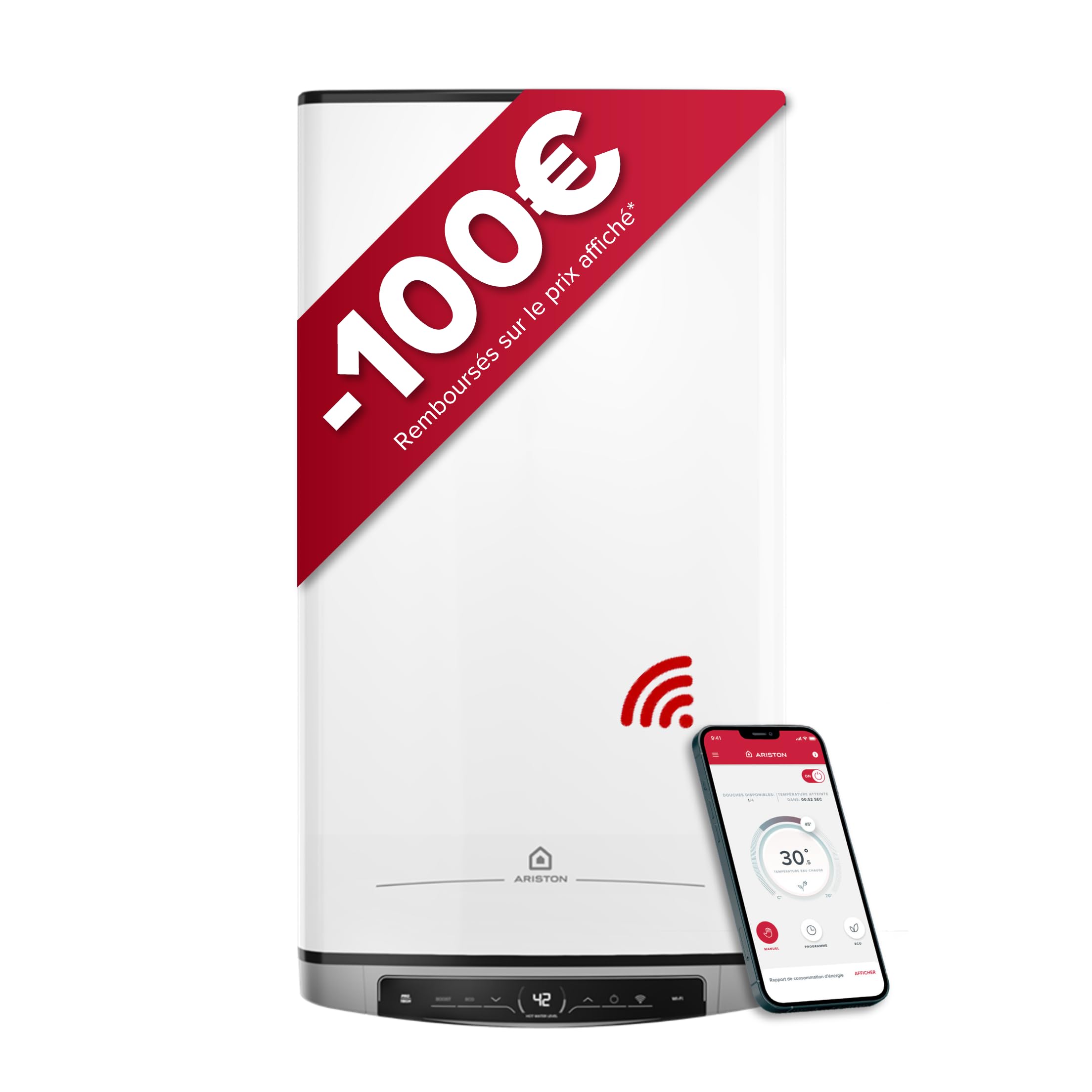 Ariston Velis Evo Dune Dry Wifi, calentador de agua plano eléctrico 65L, instalación en Francia, flexibilidad energética, pantalla táctil. Colocación vertical horizontal, ultraplana, 27 cm.