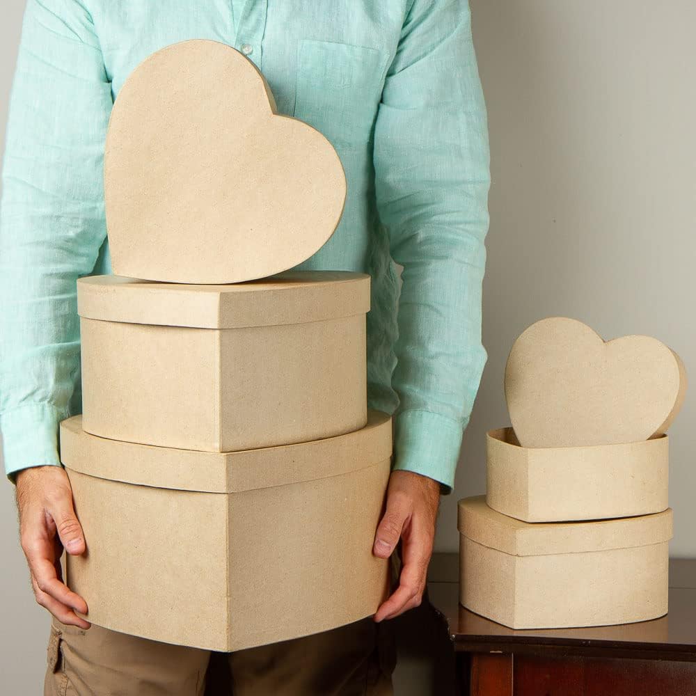 Set of 5 Paper Mache Heart Box Set - Papier Mache Cardboard Nested Box Set (8 to 14 Inches High) Premade Gift Boxes with Lids for Wedding Christmas and Everyday DIY Painting and Decoupage