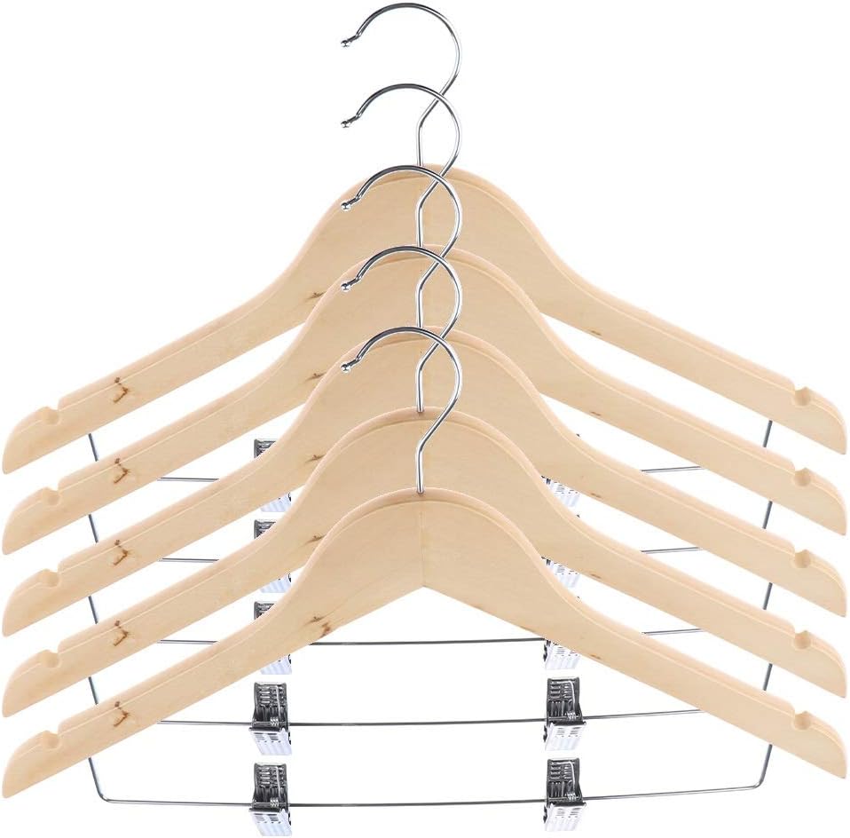 5PCS Wooden Hangers Coats Suit Garment Clothes Wardrobe Wood Hanger, with Clips Craft Making