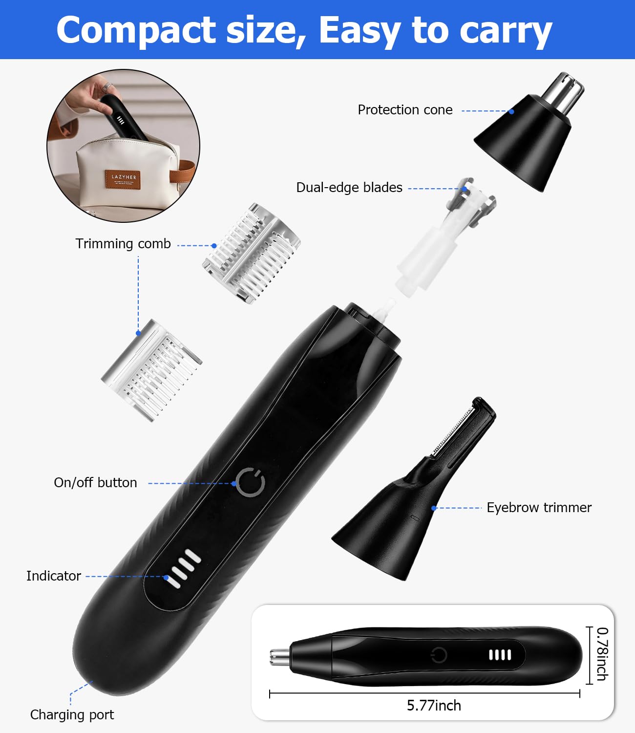 Profesjonalny trymer do nosa i uszu 2 w 1 LED USB, maszynka do golenia metalu