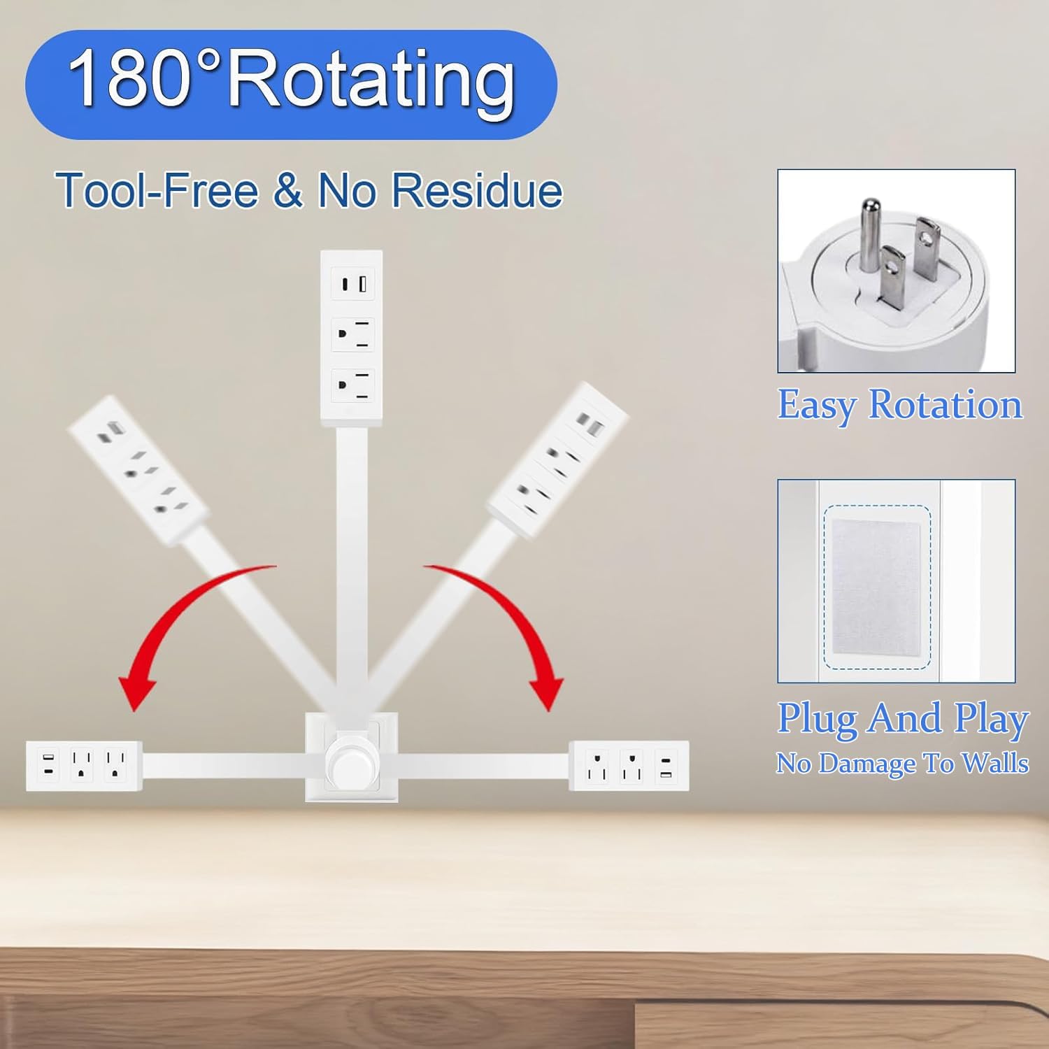 180°Rotating Extendable Outlet Extender Stick Electrical Outlet Extender with USB-A, USB-C, 2 AC Outlet, Extends 17.8-28", Access Hard-to-Reach Outlets Use Behind Couches, Nightstands, Desks