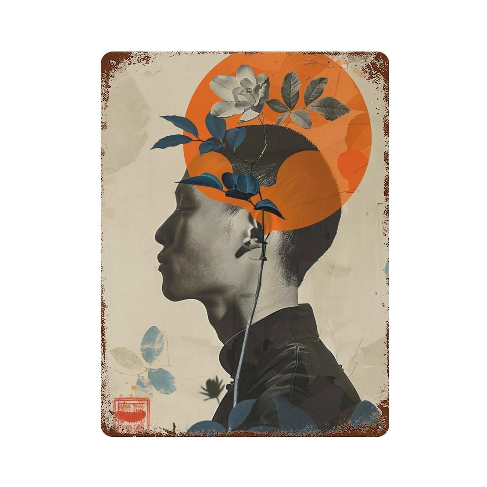 YHGERTKU Floral Surreal Portrait of A Young Man 01 Wall Art Retro Iron Vintage Metal Tin Sign Poster Modern Decor for Living Rooms Gift 40x30cm
