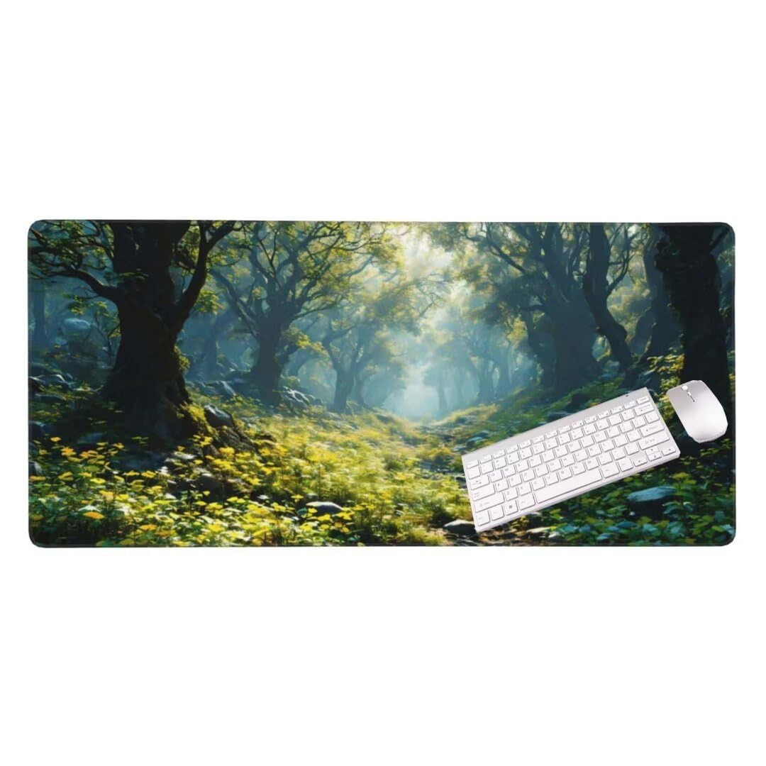 Alfombrilla de ratón 1400x600x3 MM, Alfombrilla Ratón XXL Extendida de Gran Tamaño con Bordes Cosidos, Base de Goma Antideslizante Almohadilla para Teclado, Árboles forestales S-10751