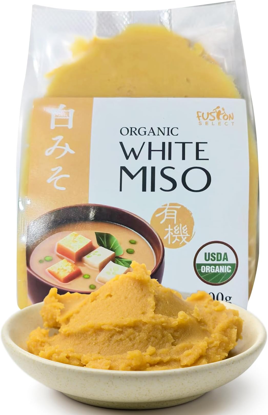 Fusion Select Organic White Miso Paste - Made of Fermented Soy Bean & Rice - Savory Japanese Seasoning For Cooking Soup Base, Broth, Stew, Salad Dressing, Sauce, Marinade, Ramen - 15 Servings, 300g