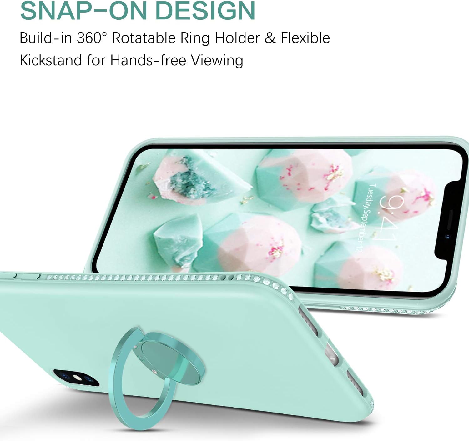BENTOBEN iPhone XS Case, iPhone X Phone Case, Slim Silicone | 360° Ring Holder Kickstand Soft Rubber Hybrid Hard Protection Shockproof Bumper Non-Slip Cute Girls Women iPhone XS/X/10 Cover, Mint Green