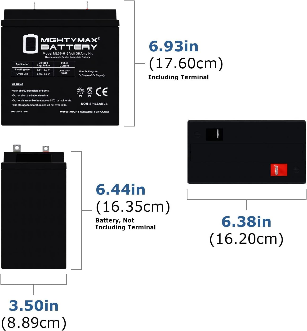 Mighty Max Battery ML36-6NB - 6 Volt 36 AH, NB Terminal, Rechargeable SLA AGM Battery - 2 Pack