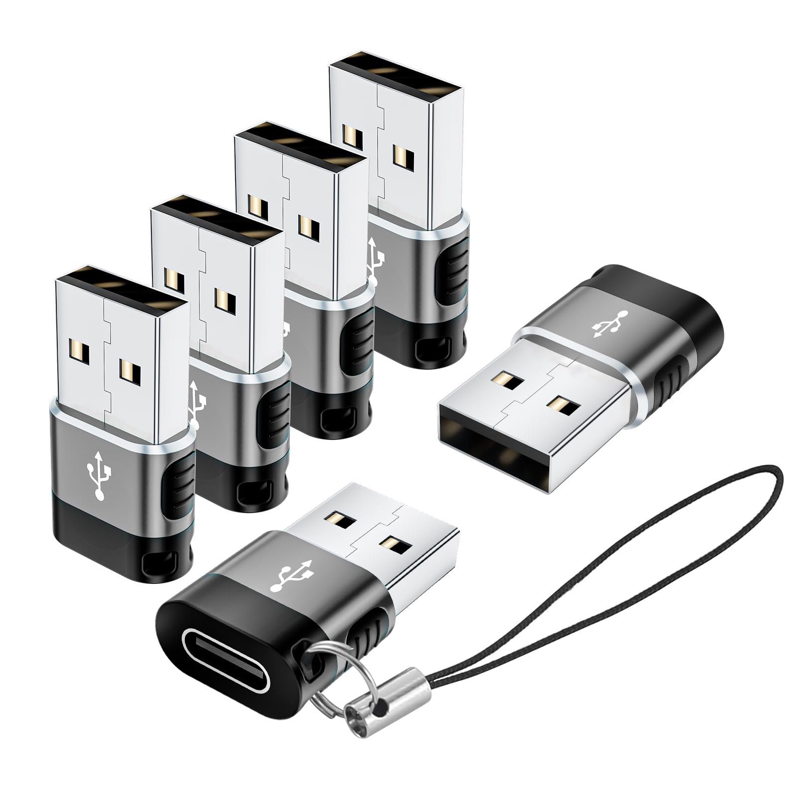 USB to USBC Adapter 6 Pack,USB A to USB C Adapter,USBA to USBC OTG Adaptor,Type C Converter for iPhone,MacBook,iPad,Car Play,Charger,Grey