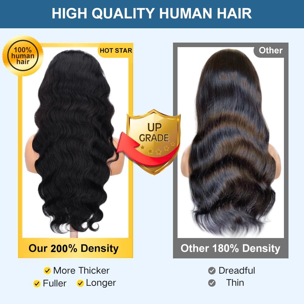 HOT STAR 13x6 Body Wave Lace Front Wigs,100% Human Hair [2-year life], HD Human Hair Lace Front Wigs for Black Women Glueless Wig Human Hair Pre Plucked with Baby Hair 26 Inch 200% Density