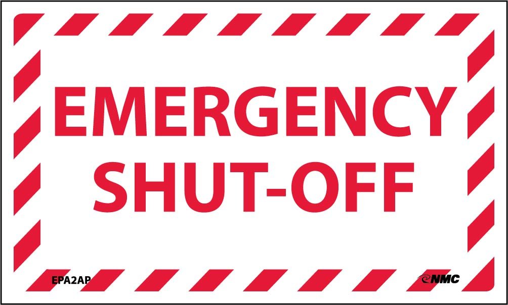 NMC EPA2AP Lock Out/Shut Off Label, "EMERGENCY SHUT-OFF", 5" Width x 3" Height, Pressure Sensitive Vinyl, Red on White (Pack of 5)