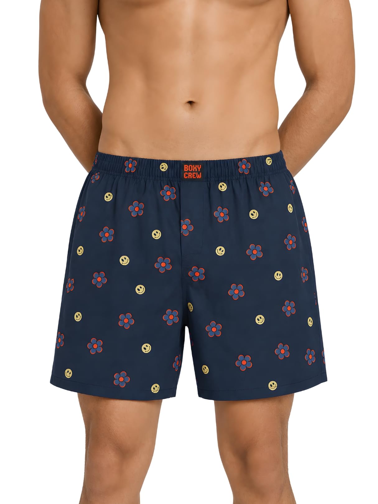 boxy crew Men's 100% Cotton Printed Boxer Shorts with Dual Side Pockets, Fabric-Covered Elastic Waistband and Classic Woven Fit for Lounging, Nightwear & Homewear - Navy Blue, Style MBX029-picture-38