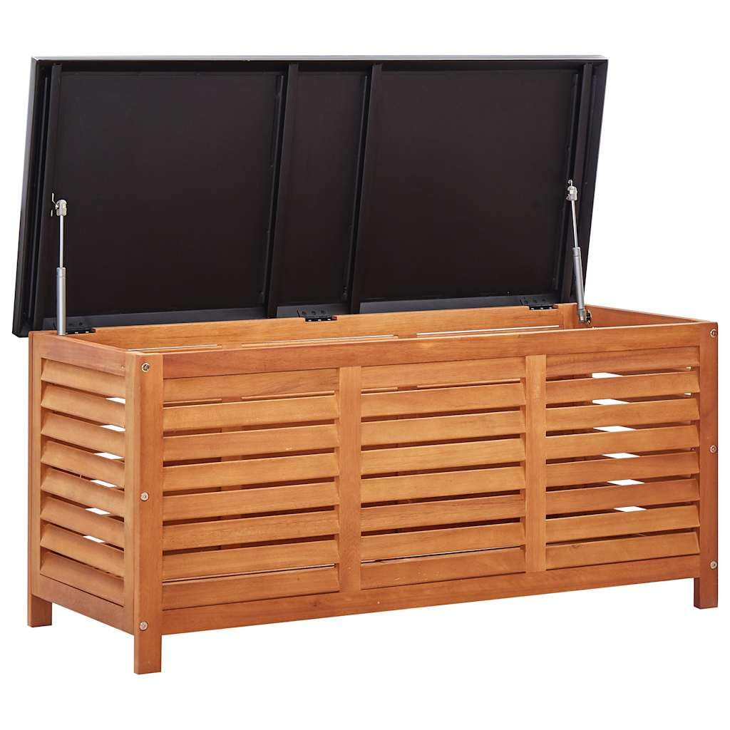 Caja de jardín con placa de metal 117 x 50 x 55 cm, espacio para cojines y cojines, madera maciza de eucalipto como banco y caja de almacenamiento