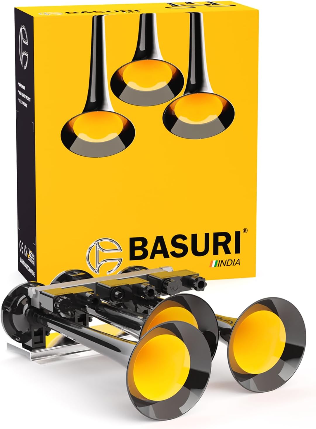 BASURI® Musical Air Horn | 12 & 24 Volt | 130 DB | Version (Tri Jumbo) 16 Super Loud Melodies (Sounds) 3 Pipe (Trumpets) With Turbo Controller For Bus, Truck and Heavy Duty Vehicles