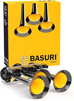 BASURI Musical Air Horn | 12 & 24 Volt | 130 DB | Version Tri Jumbo 16 Super Loud Melodies Sounds 3 Pipe Trumpets With Turbo Controller For Bus, Truck and Heavy Duty Vehicles