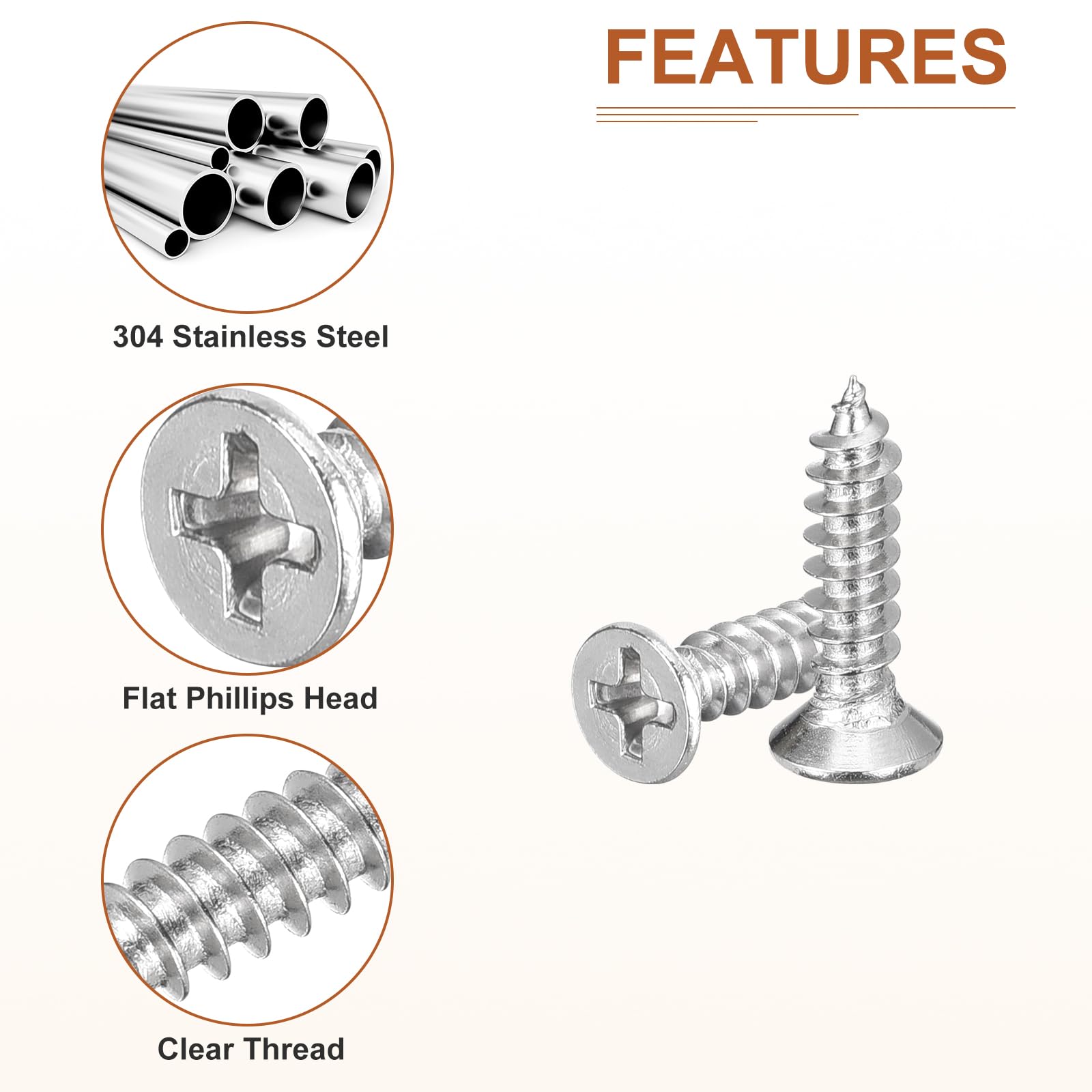 DTGN 100Pcs M4.2x18mm Flat Head Wood Screws, 304 Stainless Steel Phillips Self Tapping Screws - Good for Woodworking Furniture - Silver - Image 4
