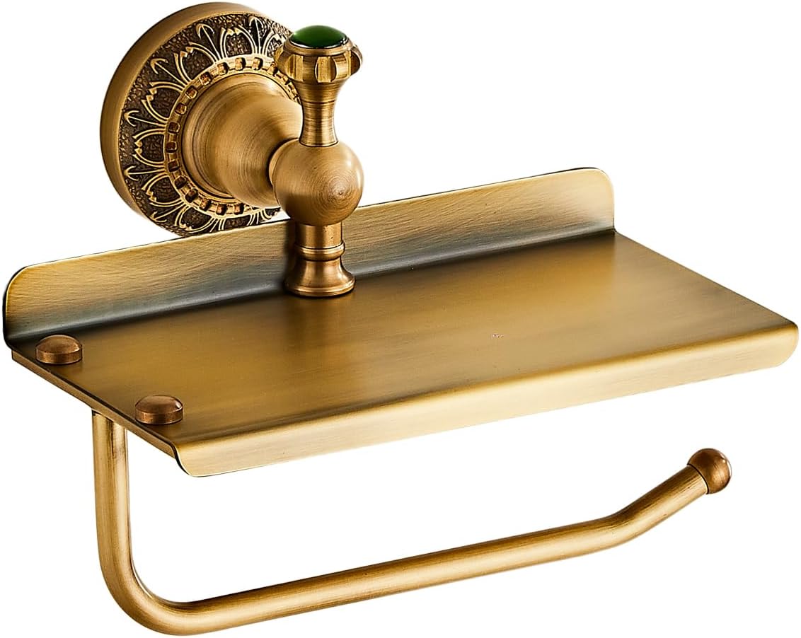Toilet Paper Holder with Shelf, Vintage Brass Wall Mount