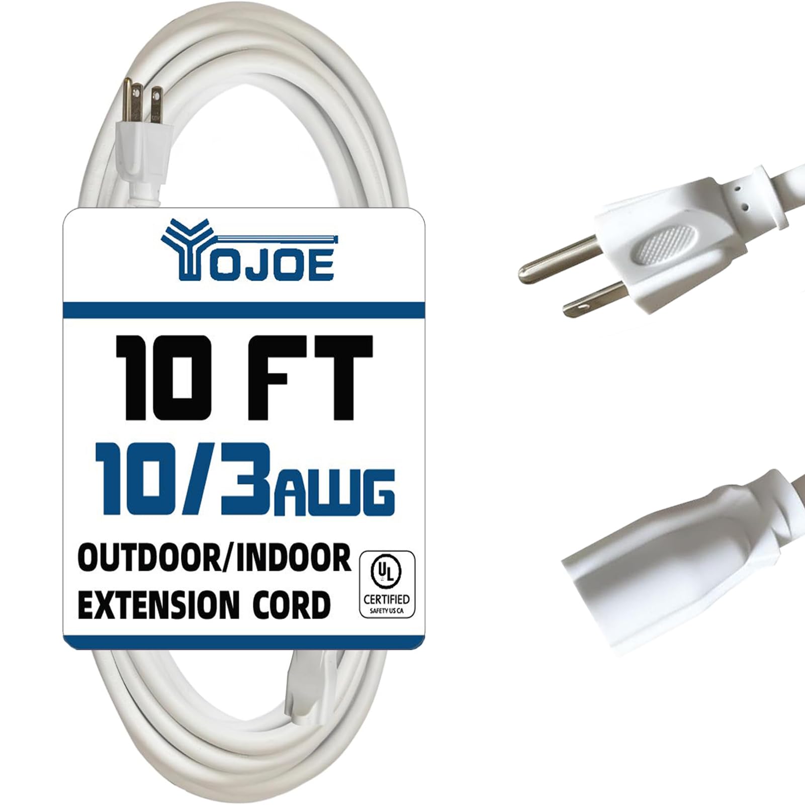 YOJOE - Cable de extensión para interiores y exteriores, cable de extensión de 3 puntas 15A, resistente a la intemperie, calibre 10, cable de extensión blanco de 10 pies para cochera, jardín y hogar,