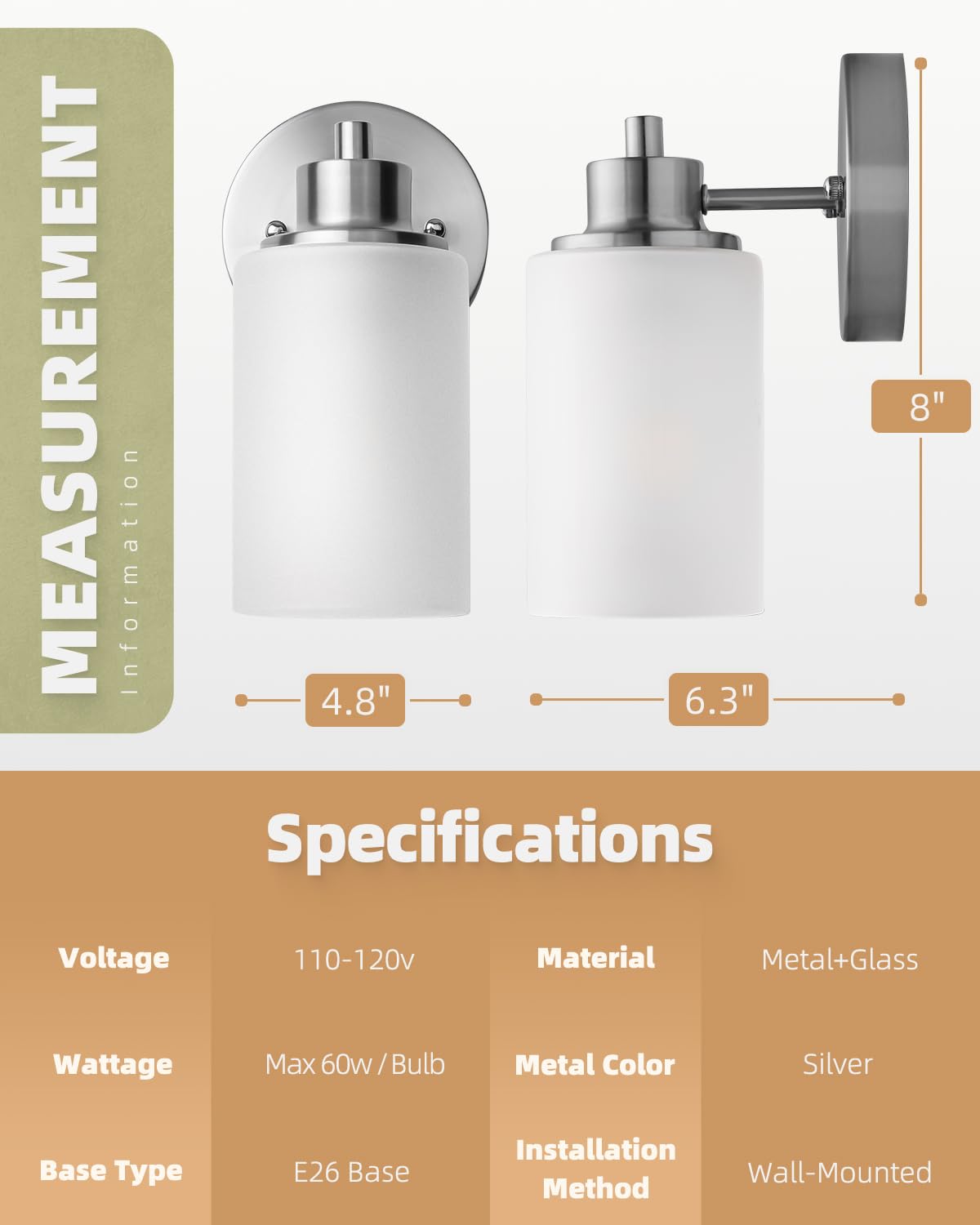 Paquete de 2 apliques de pared de níquel cepillado para interiores, lámparas de tocador de baño con pantalla de vidrio esmerilado blanco, iluminación moderna y elegante para montaje en pared para 2
