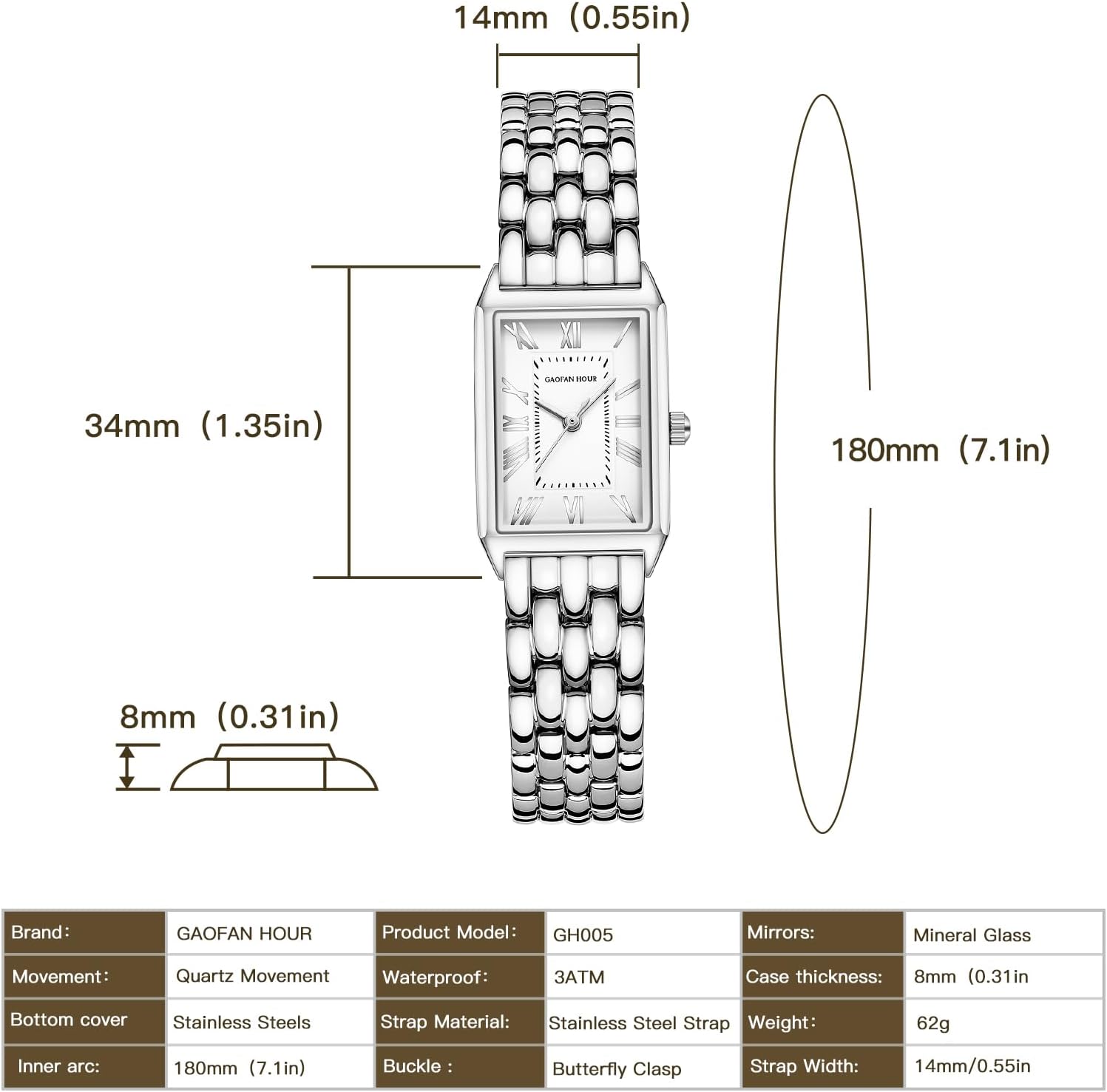 Gold Watches for Women with Vintage Rectangular Case,White Roman Dial,Stainless Steel Band,Adjustment Tool Included,Water Resistant - Image 4