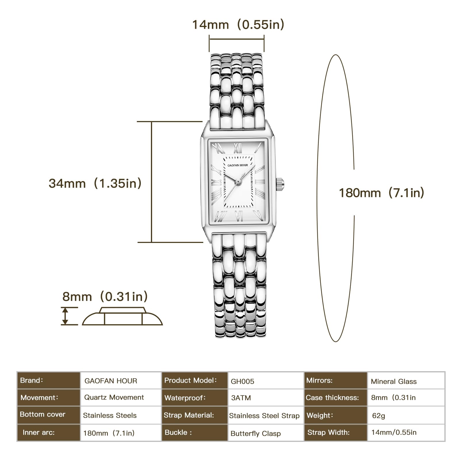 Orologio da donna dorato con cassa rettangolare vintage, quadrante romano bianco, cinturino in acciaio inossidabile, strumento di regolazione incluso, resistente all'acqua