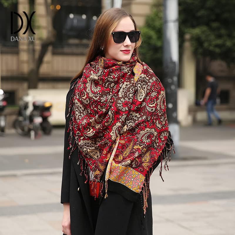 DANA XU 100% Merino Wool Pashmina Shawl for Women 96"x43", Oversized Cashmere Wrap with Tassels, Floral Travel Blanket Cape - Image 7