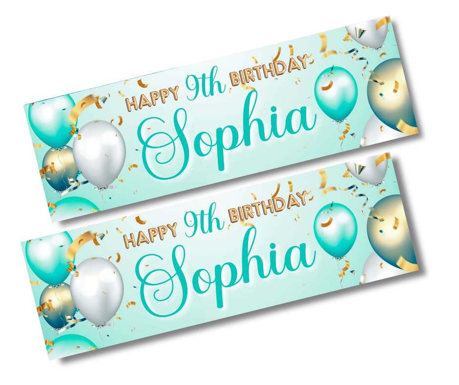 2 Pack Personalised Birthday Party Banners, Teal Blue & Gold Balloon Theme, Add Name & Age, 900x300mm
