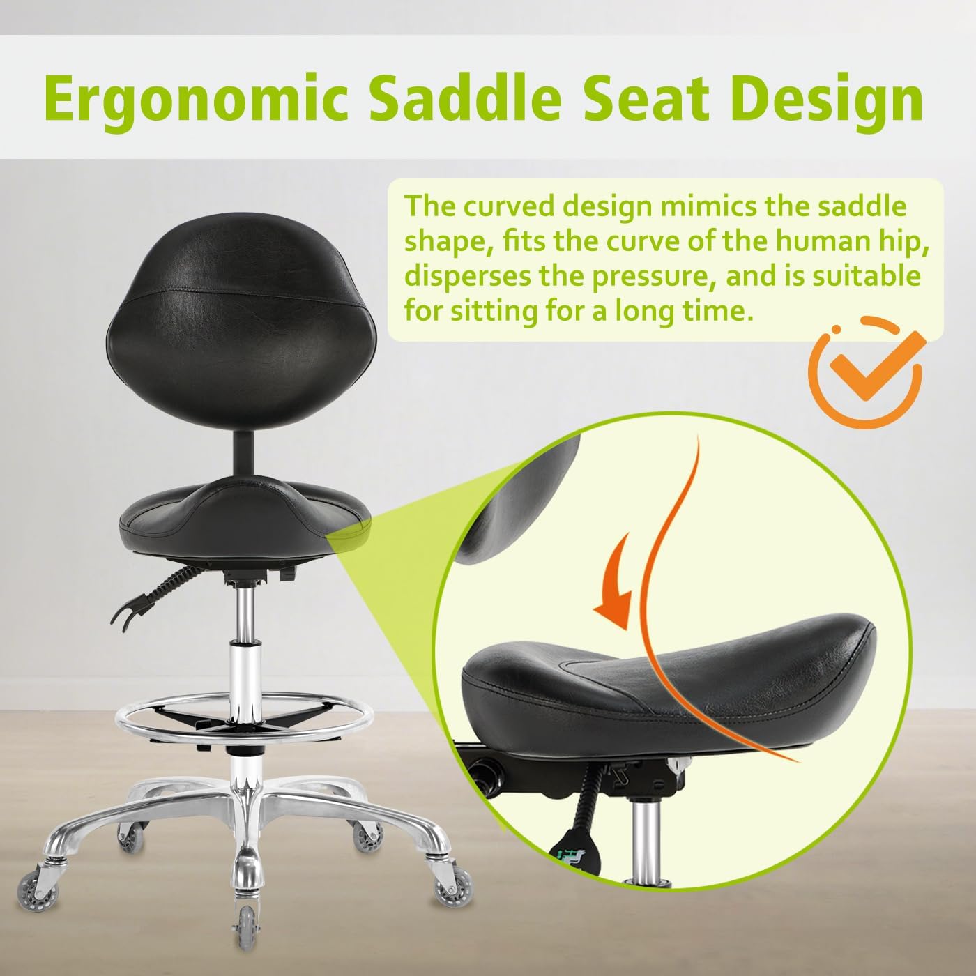 Saddle Stool Chair with Wheels,Ergonomic Swivel Rolling Height Adjustable for Salon Beauty Clinic Dentist Tattoo Home Office