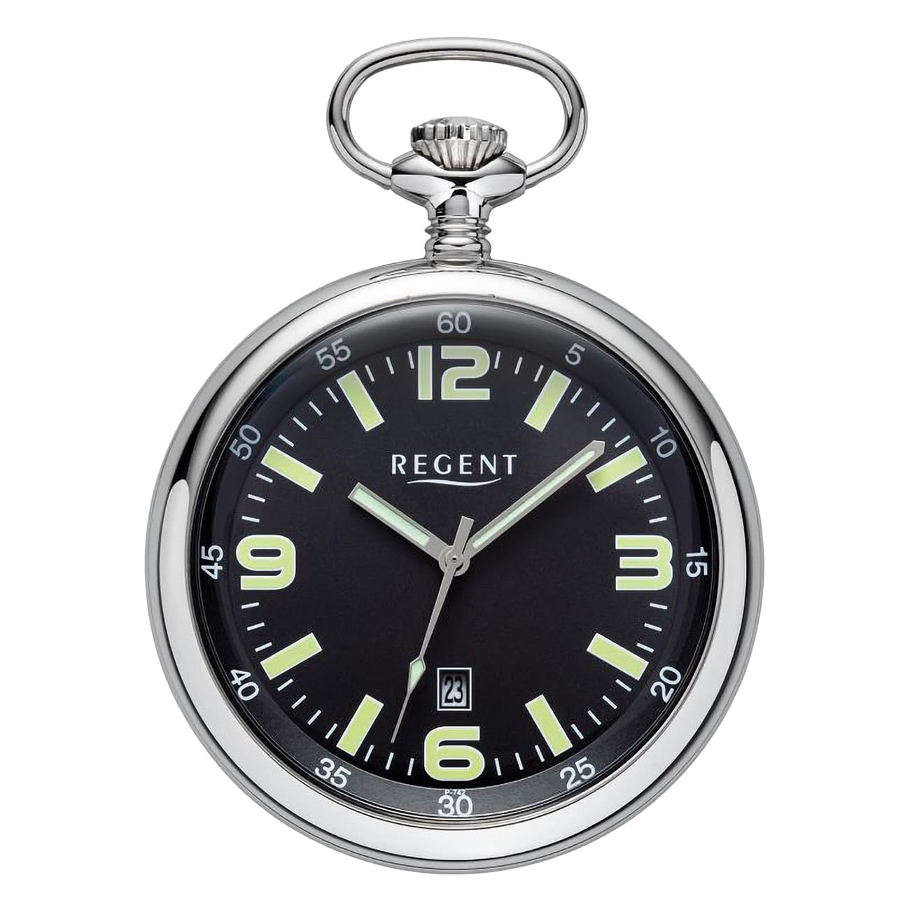 Regent Herren Taschenuhr Edelstahl 50 MM Quarz Schwarzes Zifferblatt Arabische Zahlen Datum P-742