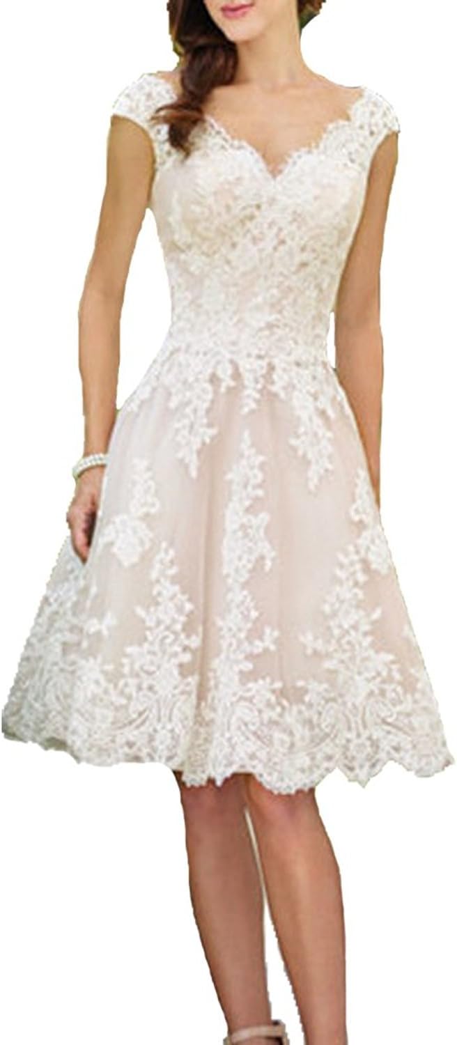 Lorder Queen Women's V Neck Short Wedding Dress Sleeveless Appliques Bridal Gowns