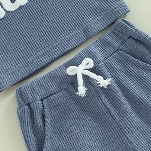 M9ppzzur7 Toddler Boys Short Set Letter Print Tops + Elastic Short Set Outfits Infant Summer Clothes (Blue, 12-18 Months) - Image 6