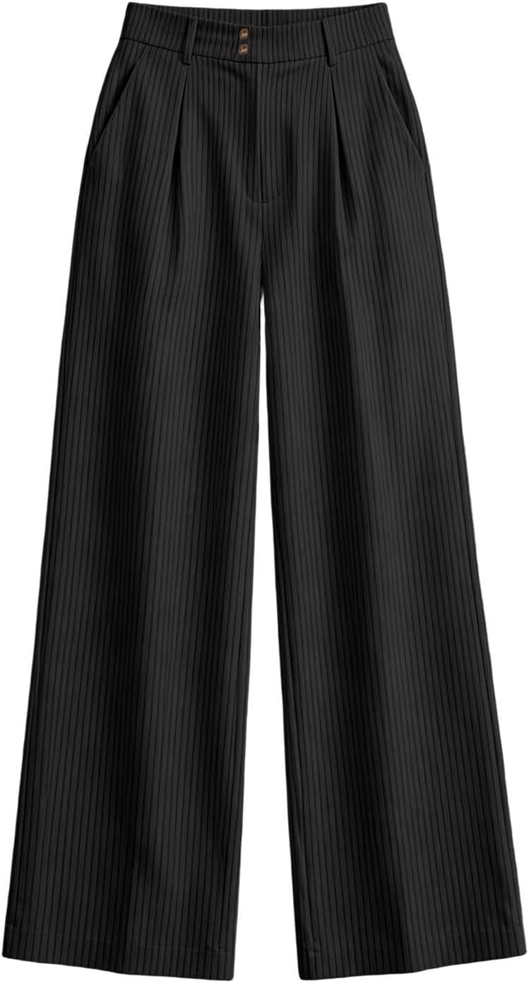 Women Corduroy Wide Leg Pants High Waist Pleated Work Trousers