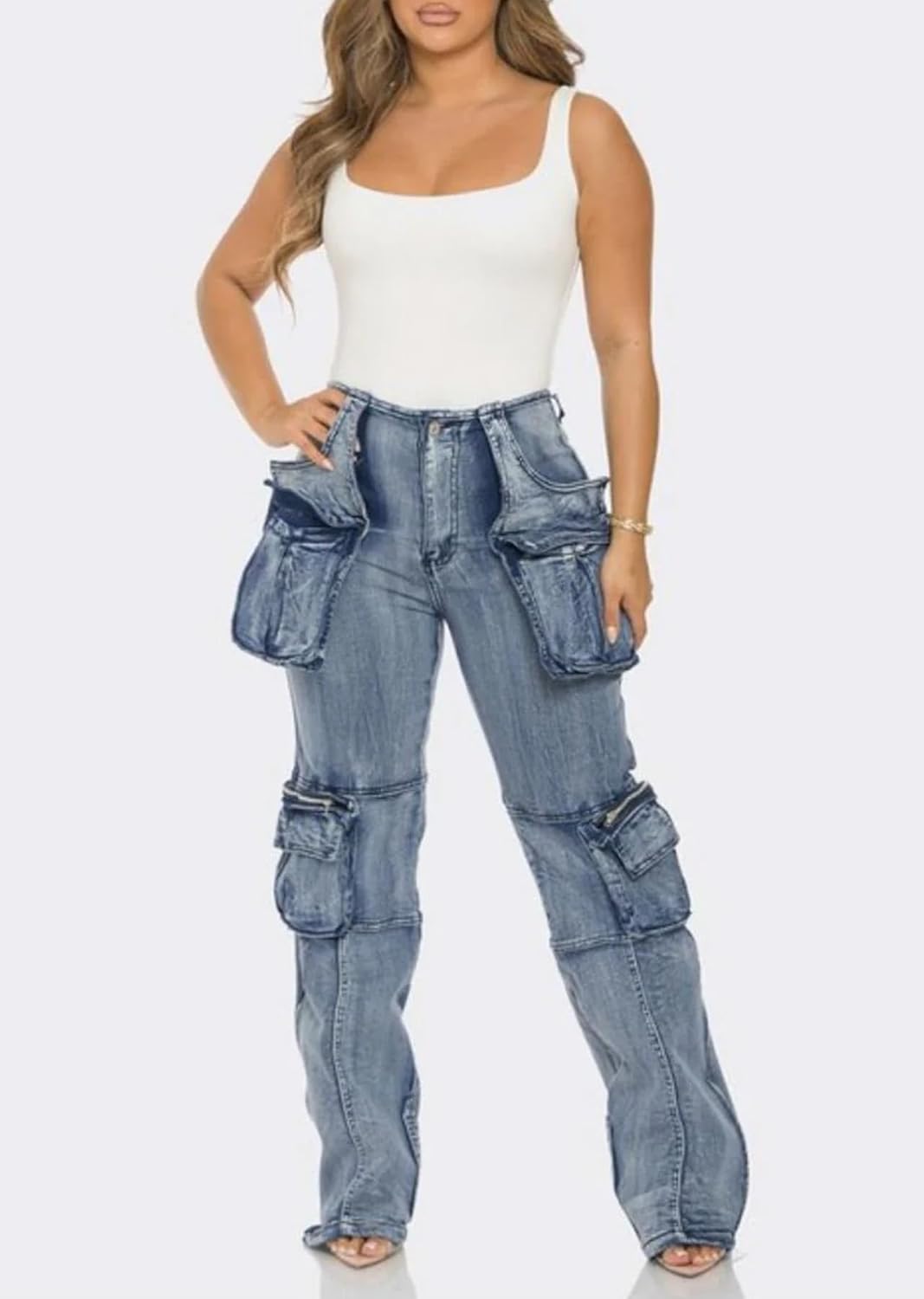 Women Straight Stretch Cargo Jeans Leg Side Zipper Slit Denim Y2K Pants with Multi Pockets - Image 6