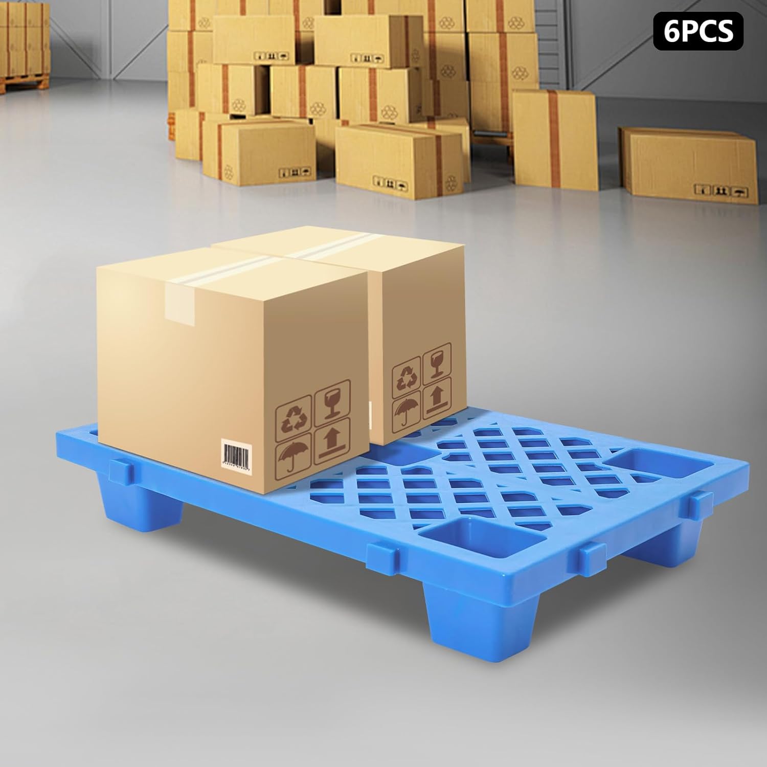 6 Pcs Plastic Pallets, Stackable Floor Pallets with Ventilated Grids, 220lbs Capacity Each, Indoor/Outdoor Use for Warehouse Factory Garage, Blue