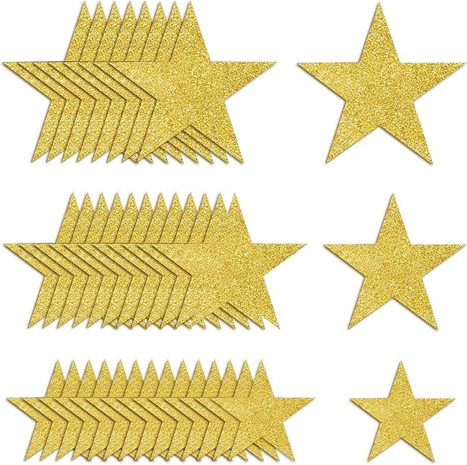 SEREBRUM 100pcs Glitter Star Cutouts | Paper Star Confetti Gold Glitter Cut-Outs for DIY Art & Craft Projects in 3 Sizes (1.5 cm, 3.5 cm and 5cm) Decoration for Christmas Classroom (Gold)