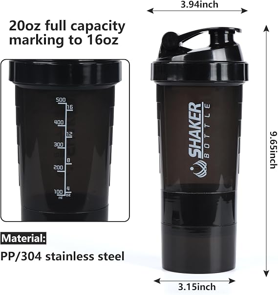 Protein Shaker Bottle,Sports Water Bottle,Leak Proof Shake Bottle For Protein Mixer- Non Slip 3 Layer Twist Off 3oz Cups with Pill Tray - Protein Powder 16 oz Shake Cup with Storage,Black