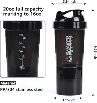 Protein Shaker Bottle,Sports Water Bottle,Leak Proof Shake Bottle For Protein Mixer- Non Slip 3 Layer Twist Off 3oz Cups with Pill Tray - Protein Powder 16 oz Shake Cup with Storage,Black