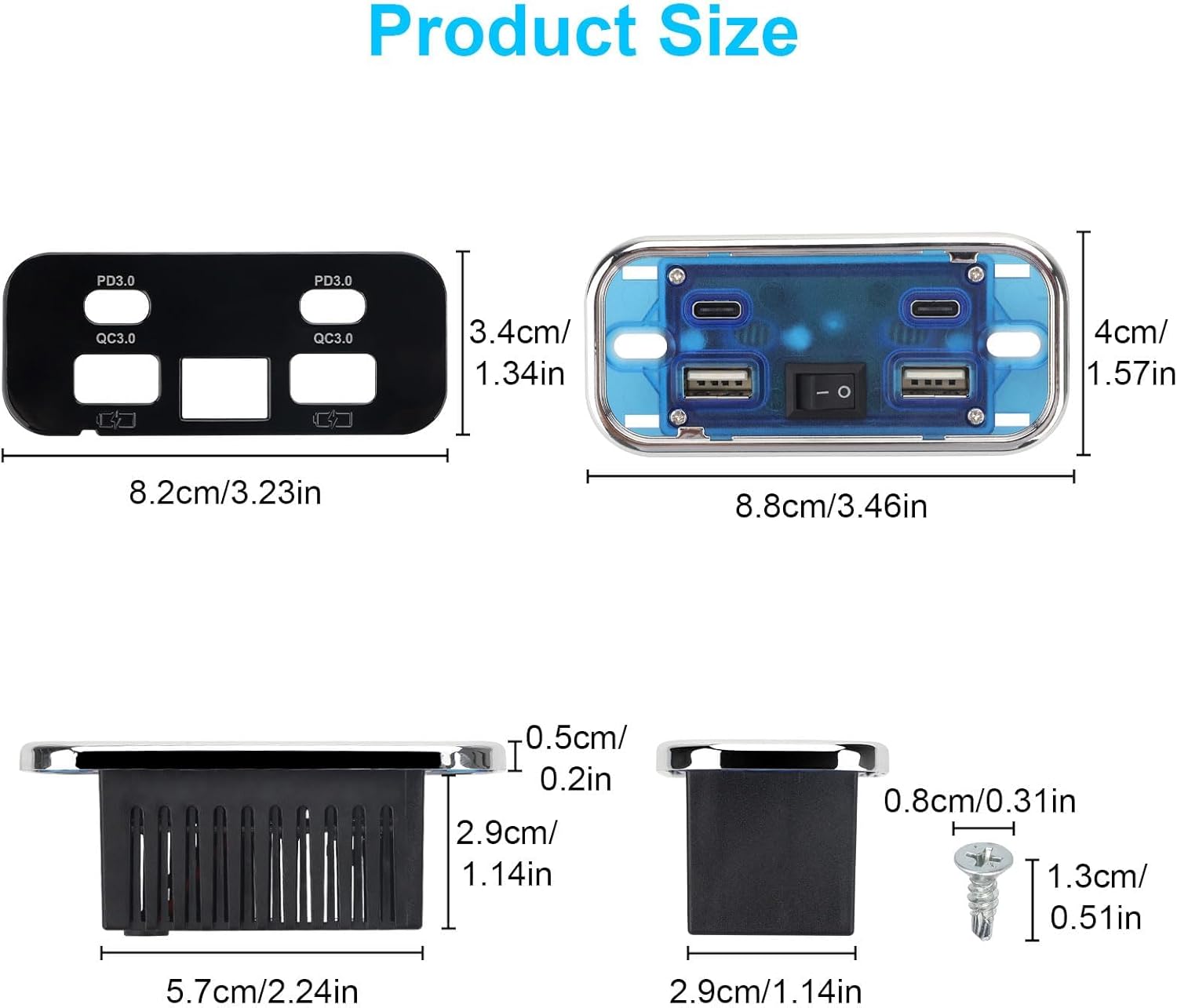 Linkstyle 2PCS RV USB Outlet, 76W Dual 18W USB-A & Dual 20W PD3.0 Ports, Power Outlet Panel with Switch for 12V/24V Car Truck Marine