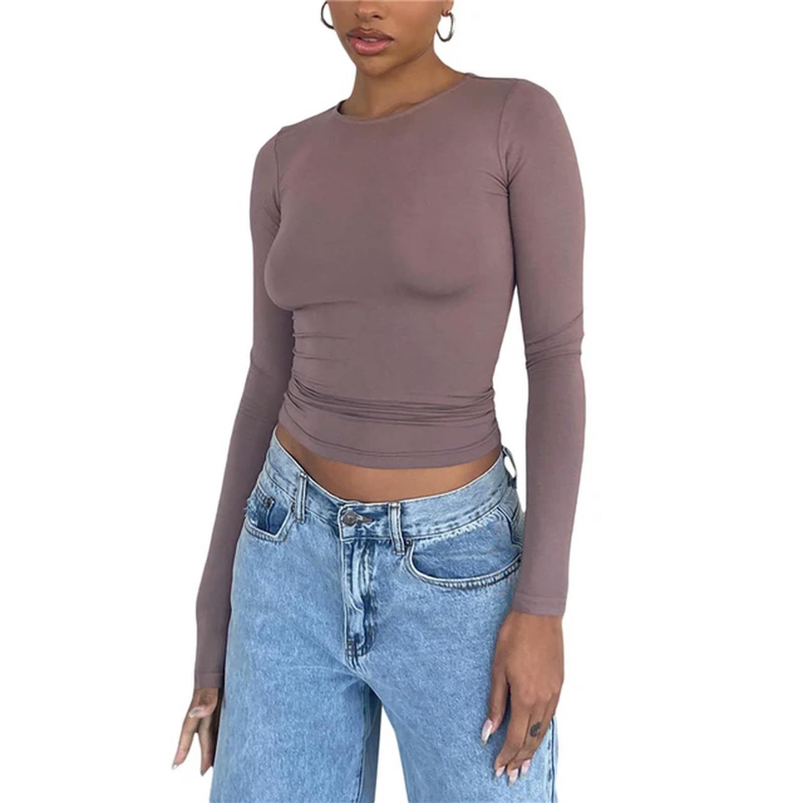 T-shirt manches longues col rond femme style streetwear court décontracté