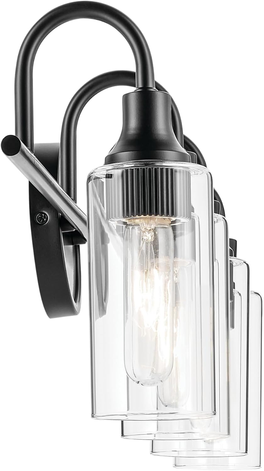Kichler Kavi 4-Light Bathroom Vanity Light Fixture 31.5" Modern Black Finish with Clear Glass Over Mirror for Powder Room, Damp Rated (31.5" W x 10" H), 55212BK