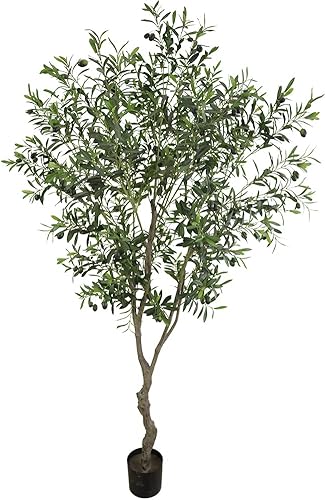 VIGGDA Árbol artificial de olivo sintético de 7 pies (82 pulgadas, protección UV 2289 hojas), planta de olivo falsa alta en maceta, árbol de seda