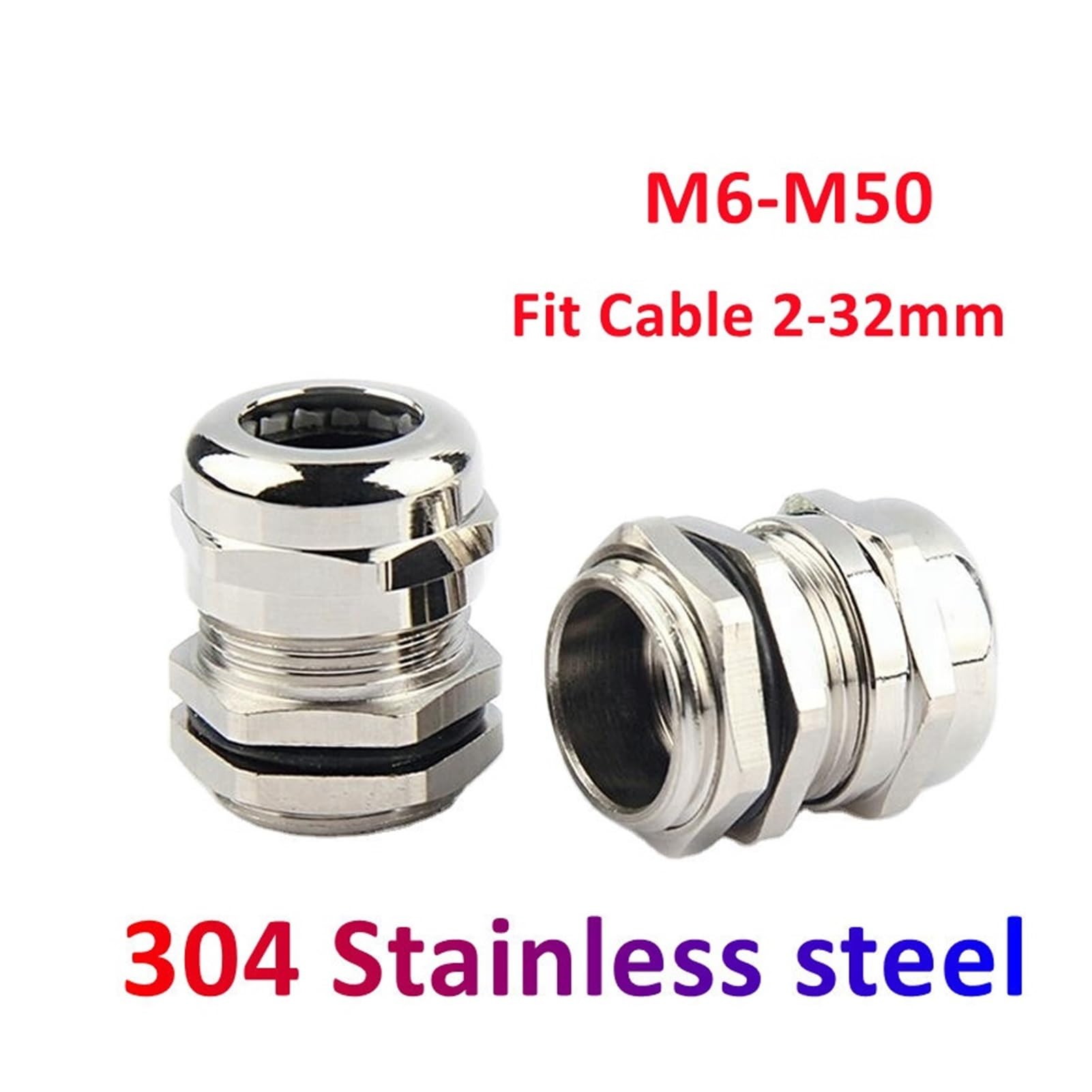 10 Uds conector de glándula Cable impermeable IP68 304 acero inoxidable métrico for 3-6,5mm 4-8mm(M32x1.5 fit 22-15mm)