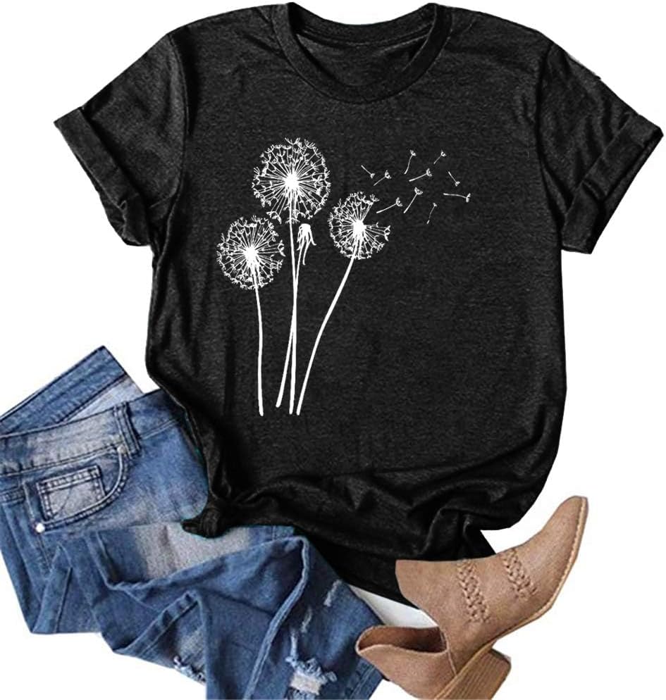 MaQiYa Womens Cute Make A Wish Dandelion Printed Tee Shirts Summer Cotton Vintage Graphic Tees Tops