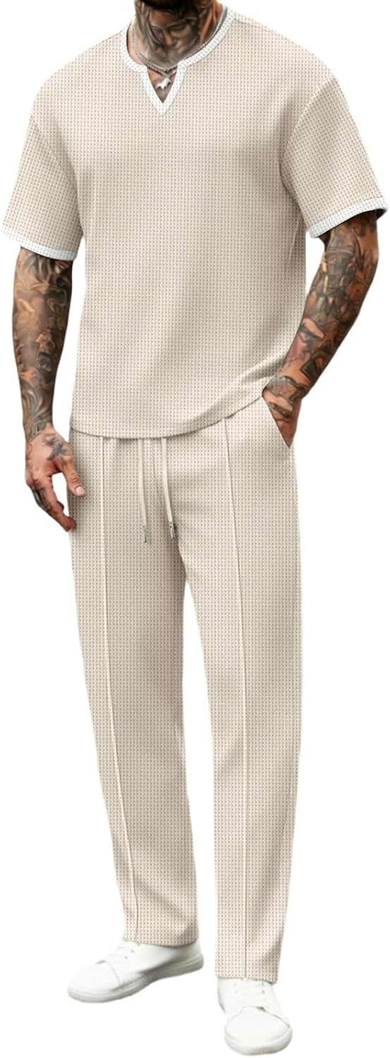 Cambkatl Men's Waffle Tracksuits Set - Pullover V Neck Short Sleeve Running Sweatsuit Business Casual 2 Piece Outfits