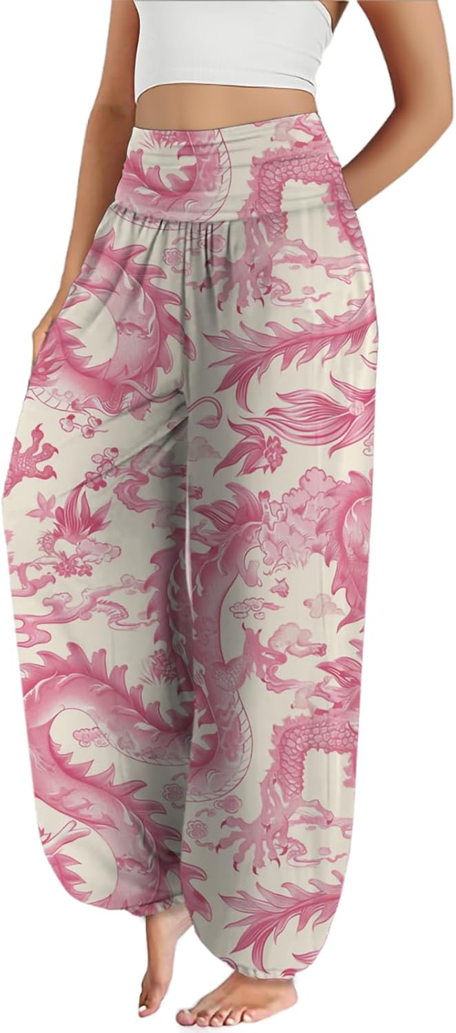 Floral Print Womens Lantern Pants High Waist Wide Leg Flowy Casual Lounge Yoga Trousers with Pockets
